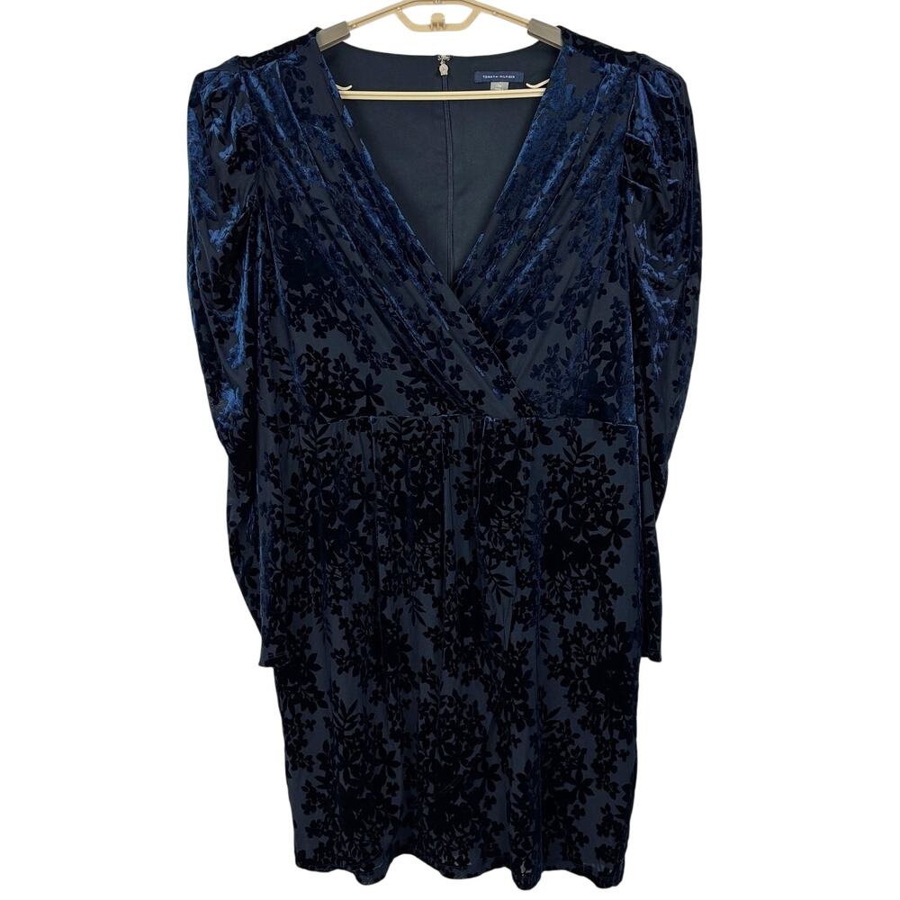 Tommy Hilfiger Blue Floral Burnout Dress 14 Long Sleeve Faux Wrap cocktail